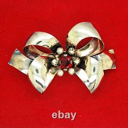 Vintage Rare Sterling Silver Red & Clear Rhinestone Large Bow Brooch