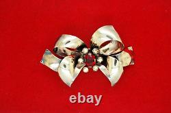 Vintage Rare Sterling Silver Red & Clear Rhinestone Large Bow Brooch