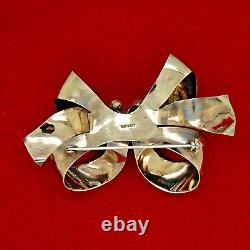 Vintage Rare Sterling Silver Red & Clear Rhinestone Large Bow Brooch