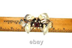 Vintage Rare Sterling Silver Red & Clear Rhinestone Large Bow Brooch