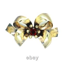 Vintage Rare Sterling Silver Red & Clear Rhinestone Large Bow Brooch