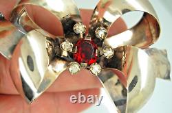 Vintage Rare Sterling Silver Red & Clear Rhinestone Large Bow Brooch