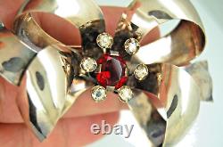 Vintage Rare Sterling Silver Red & Clear Rhinestone Large Bow Brooch