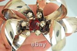 Vintage Rare Sterling Silver Red & Clear Rhinestone Large Bow Brooch