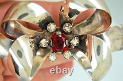 Vintage Rare Sterling Silver Red & Clear Rhinestone Large Bow Brooch