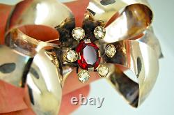 Vintage Rare Sterling Silver Red & Clear Rhinestone Large Bow Brooch