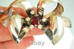 Vintage Rare Sterling Silver Red & Clear Rhinestone Large Bow Brooch