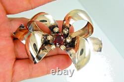 Vintage Rare Sterling Silver Red & Clear Rhinestone Large Bow Brooch