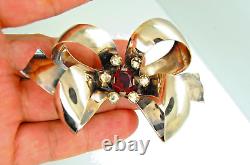 Vintage Rare Sterling Silver Red & Clear Rhinestone Large Bow Brooch