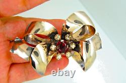 Vintage Rare Sterling Silver Red & Clear Rhinestone Large Bow Brooch