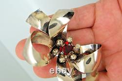 Vintage Rare Sterling Silver Red & Clear Rhinestone Large Bow Brooch