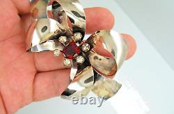 Vintage Rare Sterling Silver Red & Clear Rhinestone Large Bow Brooch