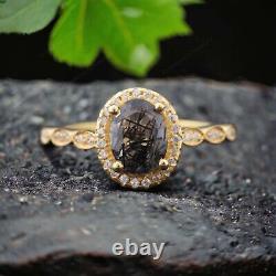 Vintage Rutile Quartz Wedding Ring Art Deco Diamond Halo Jewelry Gift for Love