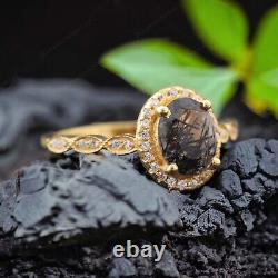 Vintage Rutile Quartz Wedding Ring Art Deco Diamond Halo Jewelry Gift for Love