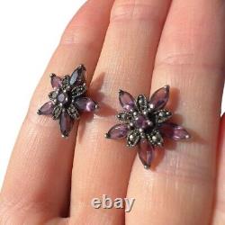 Vintage Sterling Silver 925 Earrings Marcasite Amethyst Stones Signature Flower