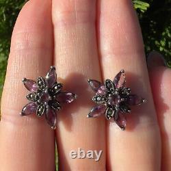 Vintage Sterling Silver 925 Earrings Marcasite Amethyst Stones Signature Flower