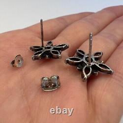 Vintage Sterling Silver 925 Earrings Marcasite Amethyst Stones Signature Flower