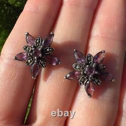 Vintage Sterling Silver 925 Earrings Marcasite Amethyst Stones Signature Flower