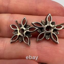 Vintage Sterling Silver 925 Earrings Marcasite Amethyst Stones Signature Flower