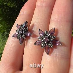 Vintage Sterling Silver 925 Earrings Marcasite Amethyst Stones Signature Flower