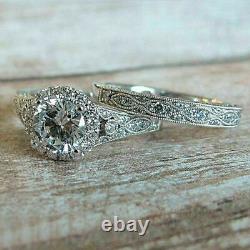 Vintage Style Bridal Ring Set 2Ct Round Cut Simulated Diamond 14K White Gold FN