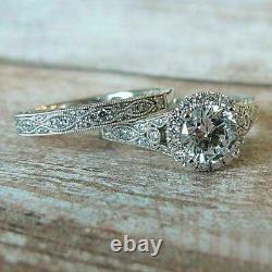 Vintage Style Bridal Ring Set 2Ct Round Cut Simulated Diamond 14K White Gold FN