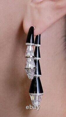 Vintage Style Natural White Diamond Black Enamel Dangle Earrings Silver Jewelry