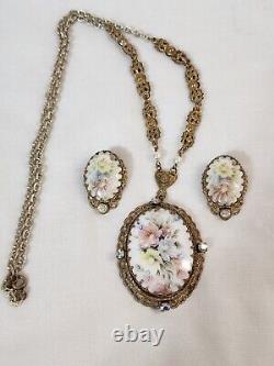 Vintage WEST GERMANY Multi-Color Flowers AB Rhinestone Necklace & Earrings Set