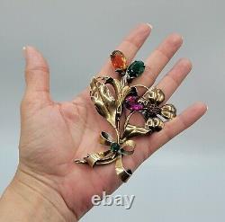 Vtg Lg 4 Brooch SIGNED Spray Flower Floral 12K Gold Filled Rhinestones Jewelry