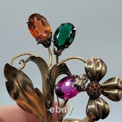 Vtg Lg 4 Brooch SIGNED Spray Flower Floral 12K Gold Filled Rhinestones Jewelry