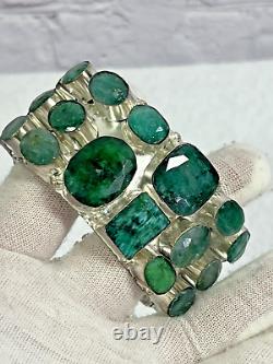 Vtg artisan hand made genuine emerald silver filled wide cuff bracelet sz 7/8