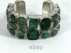 Vtg artisan hand made genuine emerald silver filled wide cuff bracelet sz 7/8