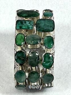 Vtg artisan hand made genuine emerald silver filled wide cuff bracelet sz 7/8