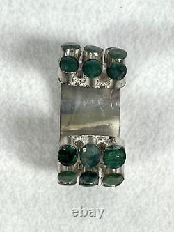 Vtg artisan hand made genuine emerald silver filled wide cuff bracelet sz 7/8