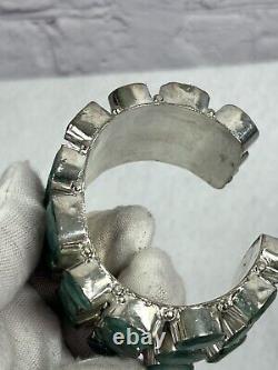 Vtg artisan hand made genuine emerald silver filled wide cuff bracelet sz 7/8