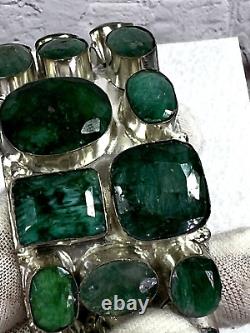 Vtg artisan hand made genuine emerald silver filled wide cuff bracelet sz 7/8