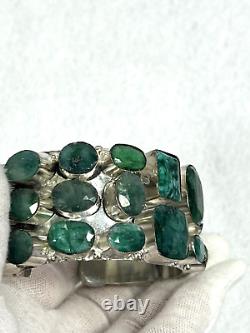 Vtg artisan hand made genuine emerald silver filled wide cuff bracelet sz 7/8