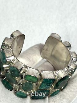 Vtg artisan hand made genuine emerald silver filled wide cuff bracelet sz 7/8