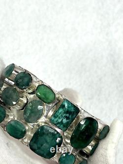 Vtg artisan hand made genuine emerald silver filled wide cuff bracelet sz 7/8