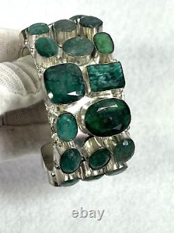 Vtg artisan hand made genuine emerald silver filled wide cuff bracelet sz 7/8